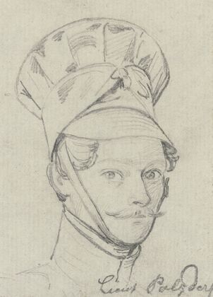 Leutnant Polzderf, Brustbild mit Tschako nach rechts