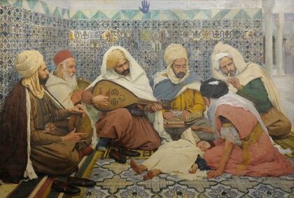 L’Exorcisme ; musiciens arabes chassant les djinns du corps d’un enfant (1884)