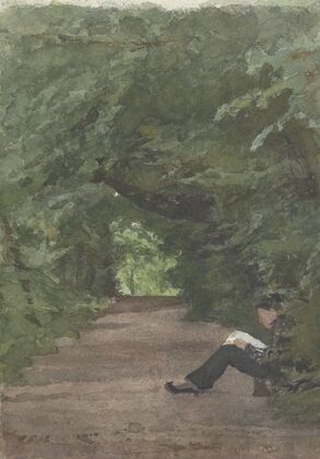 Lezende man in boslaan