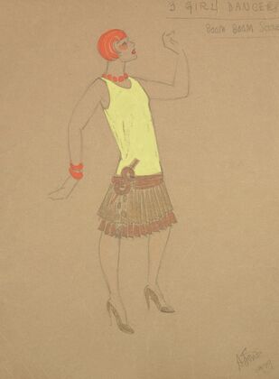 Life and Death of an American: 3 Girl Dancers yellow dress with brown ruffled skirt (1934-1943) — size preview