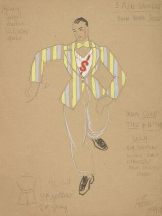 Life and Death of an American: 5 Men Dancers blue and yellow striped coat (1934-1943) — size preview
