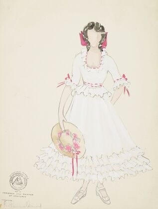 Life and Death of an American: Mary white ruffled dress, straw flowered hat, pink ribbons (1934-1943) — size preview