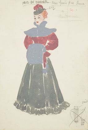 Life and Death of an American: Miss De Beeker pink blouse, green frilled skirt, grey cape and muff. Grey and pink feathered hat (1934-1943)