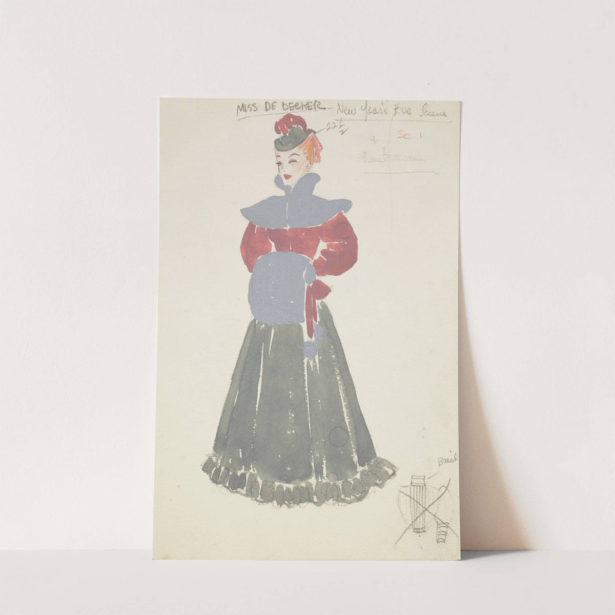 Life and Death of an American: Miss De Beeker pink blouse, green frilled skirt, grey cape and muff. Grey and pink feathered hat (1934-1943) by Alex Jones