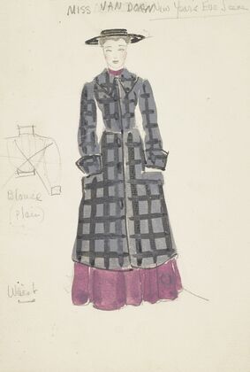 Life and Death of an American: Miss van Dorn checked blue overcoat, purple dress, black hat (1934-1943) — size preview