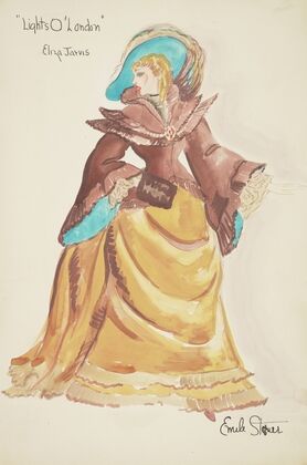 Lights O’ London: Eliza Jarvis yellow skirt with bustle, brown teal-lined coat (1934-1943)