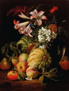 Lilies and other flowers in a glass vase with peaches and melons