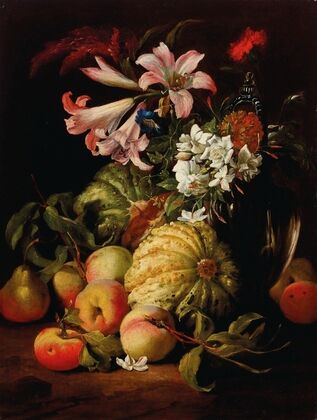Lilies and other flowers in a glass vase with peaches and melons