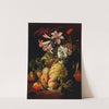 Lilies and other flowers in a glass vase with peaches and melons by Abraham Brueghel