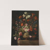 Lilies, carnations, roses, and other flowers in a gilt urn with bas relief, on a stone ledge by Mario Nuzzi