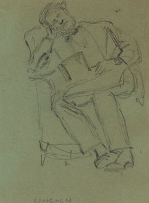 Lincoln resting in chair, top hat in lap