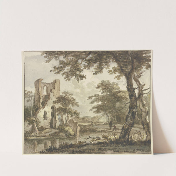 Links am Wasser eine Ruine, rechts ein Angler und zwei weitere Figuren by Jan Hulswit
