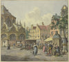 Links der Chor einer Kirche, rechts ein Brunnenhaus, mit Gemüseverkäuferinnen