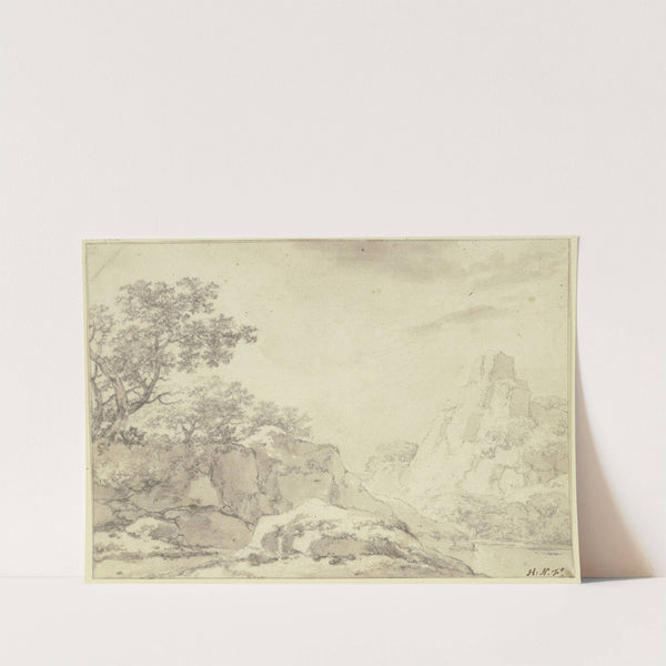 Links eine Felspartie mit Bäumen an einem Gewässer, rechts hohe Felsen by Herman Naiwinx