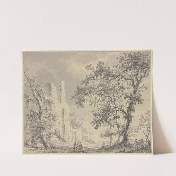 Links eine Ruine, rechts hohe Bäume mit einem Zaun, an welchem verschiedene Personen stehen by Paulus van Liender