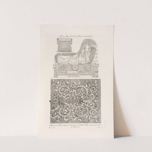 Lit et siège, tirés d&#8217;un MS du XIIe. siècle.; fragment des ferrures des portes latérales de la cathéd. de Paris, exécutés au XIIe. siècle. (1839) by Nicolas Xavier Willemin