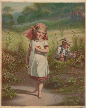 Little girl and a little boy picking fruits and flowers
