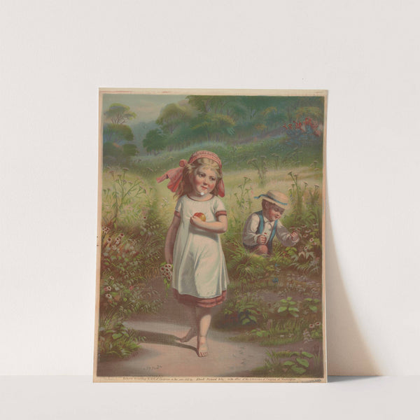 Little girl and a little boy picking fruits and flowers by Crosby