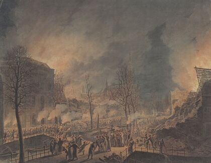 Lodewijk Napoleon bezoekt de ruïnes op het Rapenburg te Leiden na de ontploffing van het kruitschip op 12 januari 1807