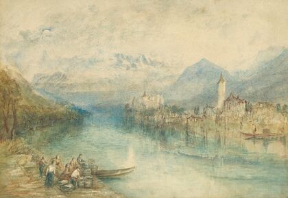 Looking towards Lake Thun, from opposite Scherzligen, with Schloss Schadau and the Niesen in the distance, Switzerland — size preview