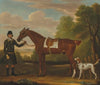 Lord Portmore’s ‘Snap’, a saddled chestnut hunter held by a groom, with a setter in a landscape