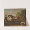 Lord Portmore&#039;s &#039;Snap&#039;, a saddled chestnut hunter held by a groom, with a setter in a landscape by James Seymour