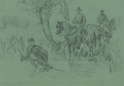Lt. Custer wading in the Chickahominy River