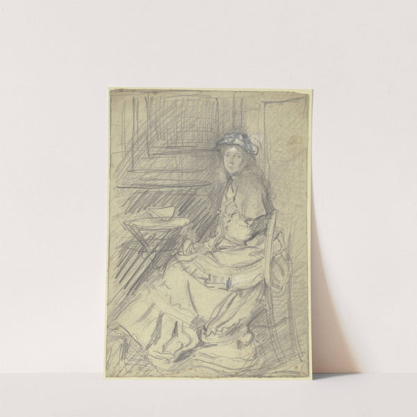 Luise Scholderer im Reisekostüm, an einem Tisch sitzend by Otto Scholderer