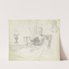 Luise Scholderer lesend mit Tisch und Lampe, Brustbild einer weiblichen Figur im Hintergrund by Otto Scholderer