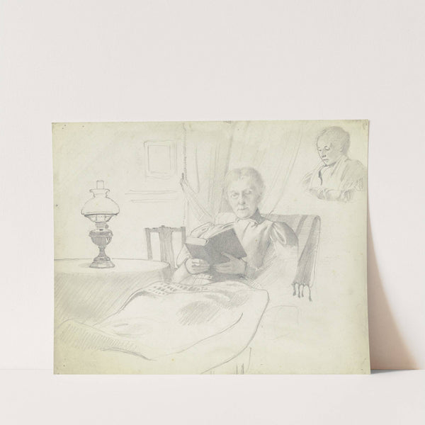 Luise Scholderer lesend mit Tisch und Lampe, Brustbild einer weiblichen Figur im Hintergrund by Otto Scholderer