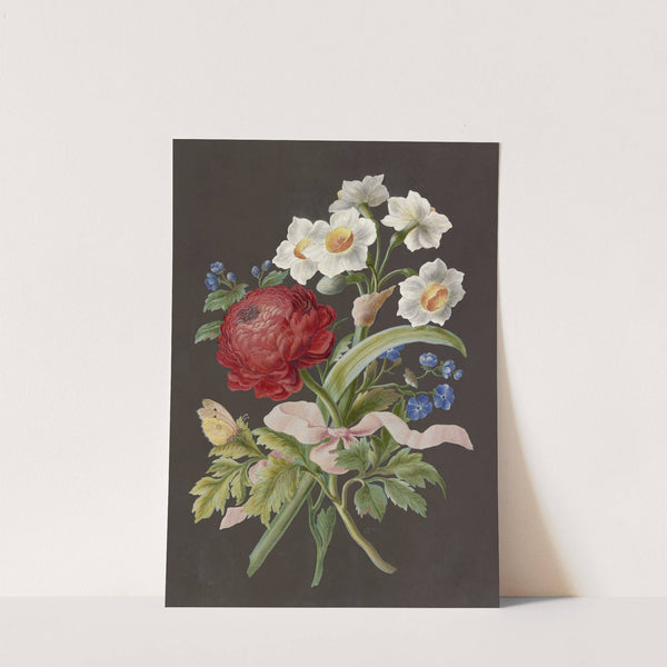 lumengebinde mit roter Ranunkel (Ranunculus), weißer Tazette (Narcissus tazetta) und blauer Blume mit Postillon by Anonymous