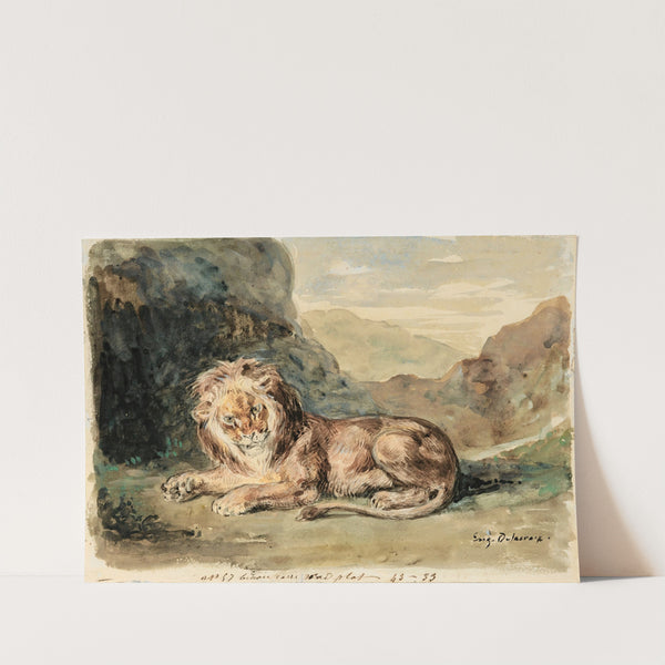 Lying Lion In A Landscape by Eugène Delacroix