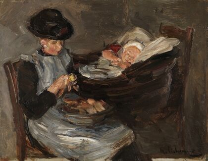 Mädchen aus Laren beim Kartoffelschälen neben schlafendem Kind im Korb (1887)