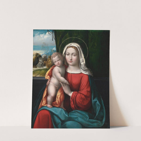 Madonna And Child Before A Curtain, A Mountainous Landscape Beyond by Benvenuto Tisi