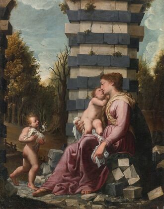 MADONNA AND CHILD WITH THE INFANT SAINT JOHN THE BAPTIST, AMONG ARCHITECTURAL RUINS, A LANDSCAPE BEYOND (circa 1600)