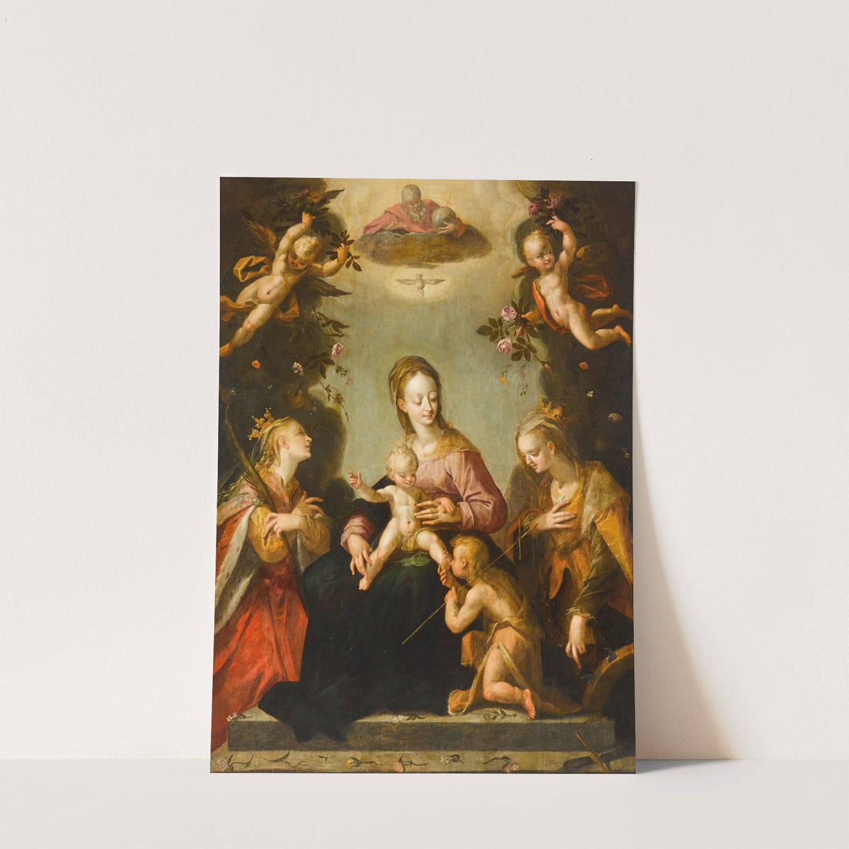 Madonna and Child with the infant Saint John the Baptist, Saint Catherine of Alexandria, another female martyr saint, and God the Father by Pieter Fransz. Isaacsz.