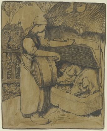 Maid feeding pigs