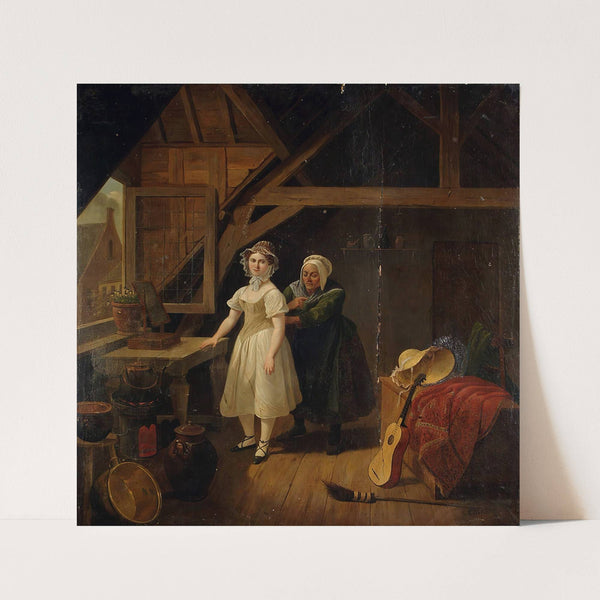 Maid Sewing A Lady Into A Corset by Constantinus Fidelio Coene