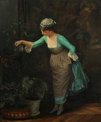 Maid watering flowers