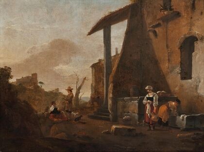 Maidservants washing laundry and another maid selling apples in a courtyard, a hilly landscape beyond