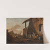 Maidservants washing laundry and another maid selling apples in a courtyard, a hilly landscape beyond by Thomas Wijck