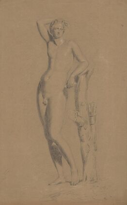 Male figure, right arm upraised, leaning against tree trunk, seen from the front