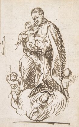 Male Saint standing on clouds supported by putti, holding infant Christ