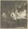 Maler und Geselle im Atelier bei Lampenlicht an ihren Zeichentischen arbeitend