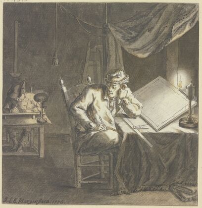 Maler und Geselle im Atelier bei Lampenlicht an ihren Zeichentischen arbeitend