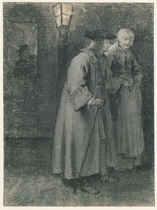 Man and woman walking the street at night