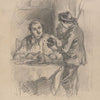 Man at dinner table and weeping boy