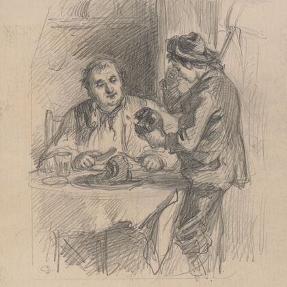 Man at dinner table and weeping boy