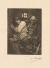 Man defends himself with a sword against a man with lantern and dog