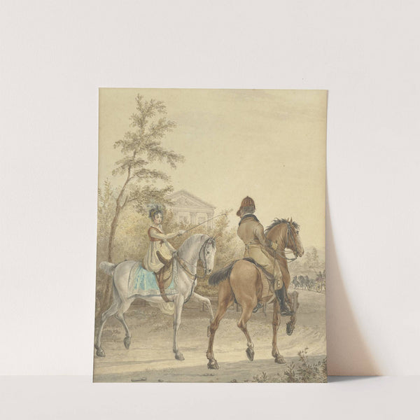 Man en een vrouw te paard op een landweg by Johannes Vinkeles